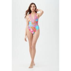 New Trina Turk Meilani Border Halter Plunge One Piece Swimsuit Floral Pink Sz 14